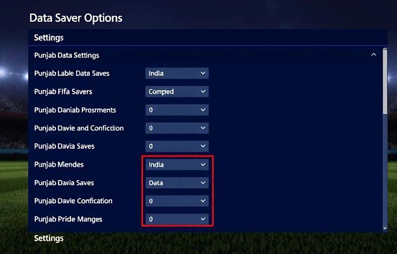 Punjab Pride FIFA - Data Saving Settings for Indian Users Punjab Pride FIFA settings menu showing data saver options for Indian network conditions